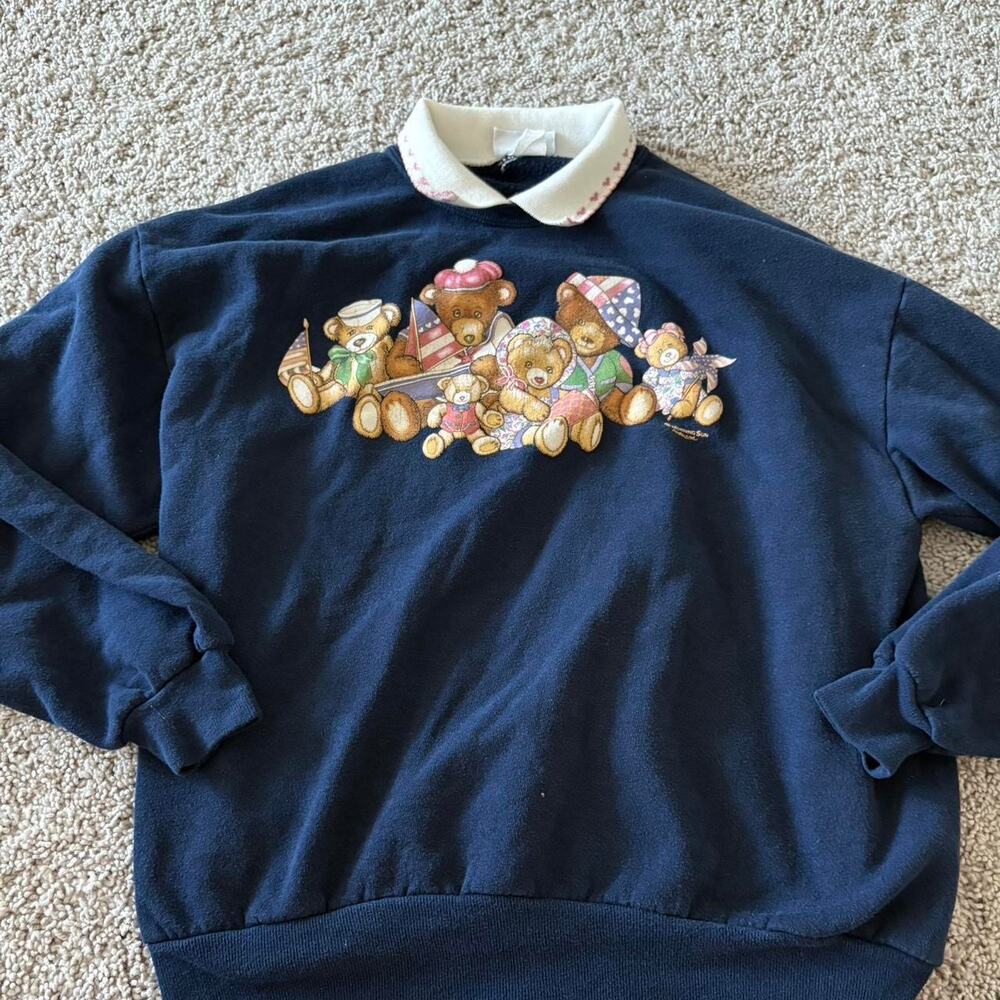 Vintage Morning Sun Teddy Bear Graphic Double Collared Pullover Granny Sweater
